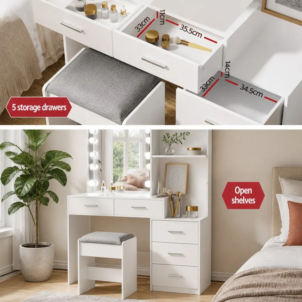Dressing Table Set LED Makeup Mirror Storage Drawers White Vanity Stool