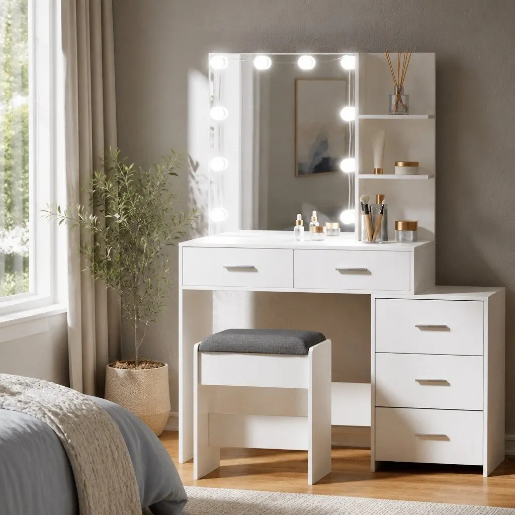 Dressing Table Set LED Makeup Mirror Storage Drawers White Vanity Stool