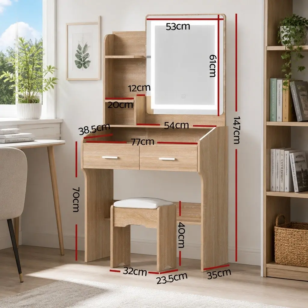 Dressing Table Set MDF Black Wood LED Mirror Stool Bedroom Makeup Desk