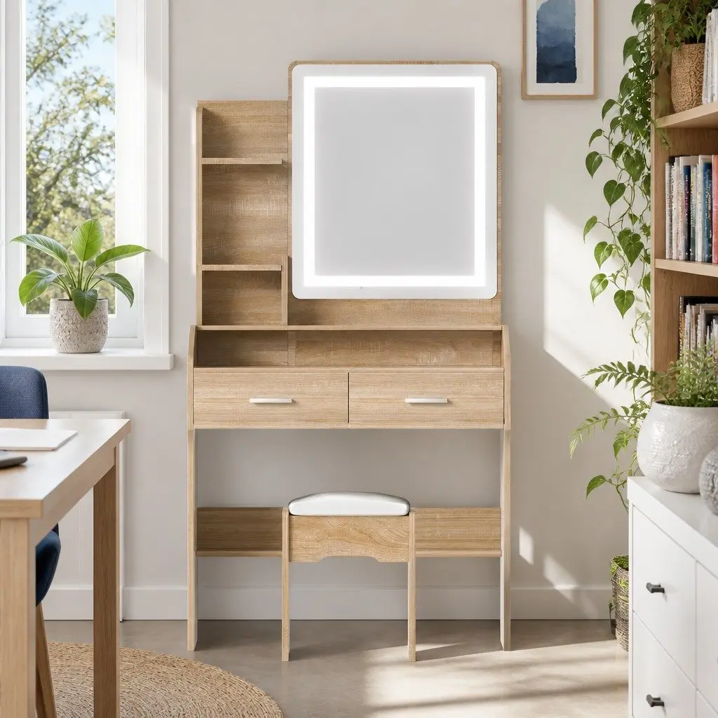 Dressing Table Set MDF Black Wood LED Mirror Stool Bedroom Makeup Desk