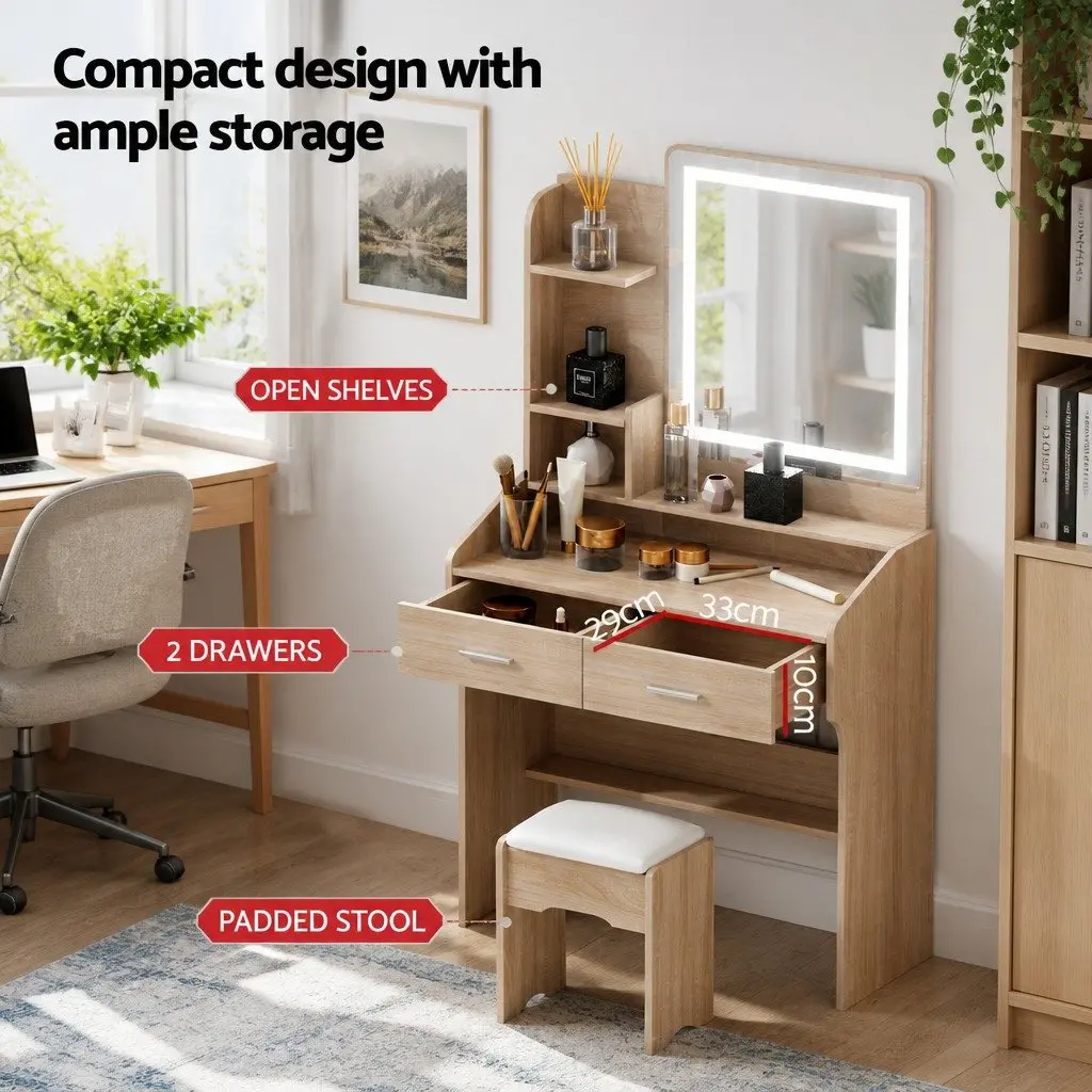 Dressing Table Set MDF Black Wood LED Mirror Stool Bedroom Makeup Desk