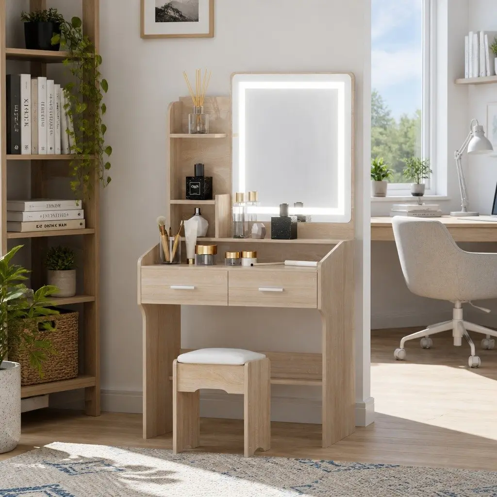 Dressing Table Set MDF Black Wood LED Mirror Stool Bedroom Makeup Desk