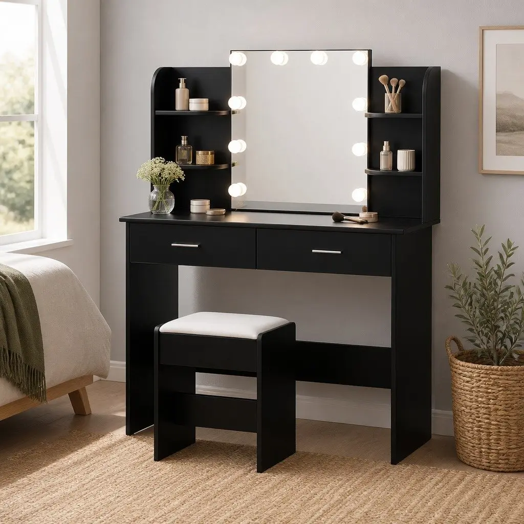 Black Dressing Table Set with Stool and LED Lighting