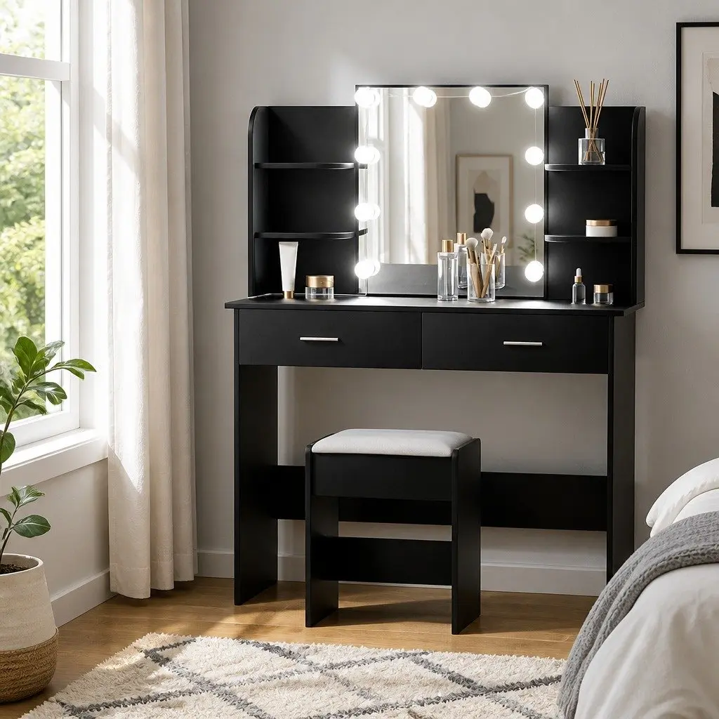 Dressing Table Set MDF Black Vanity with Hollywood Mirror and Stool 10 LED Bulbs