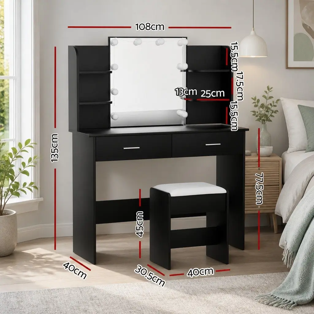 Dressing Table Set MDF Black Vanity with Hollywood Mirror and Stool 10 LED Bulbs
