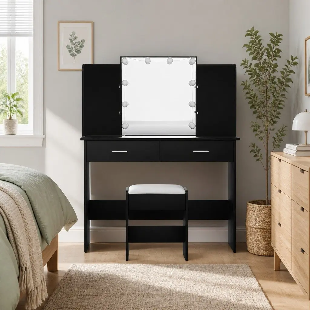 Dressing Table Set MDF Black Vanity with Hollywood Mirror and Stool 10 LED Bulbs
