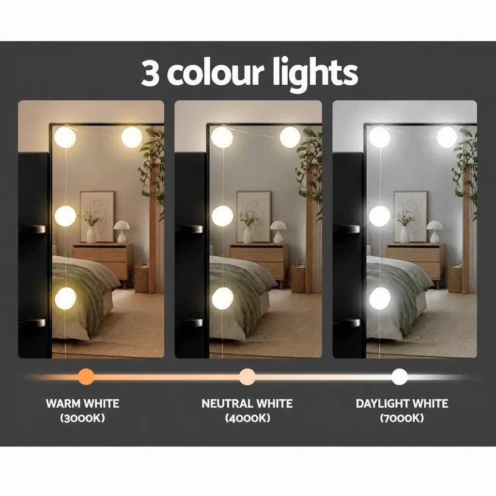 Dressing Table Set MDF Black Vanity with Hollywood Mirror and Stool 10 LED Bulbs