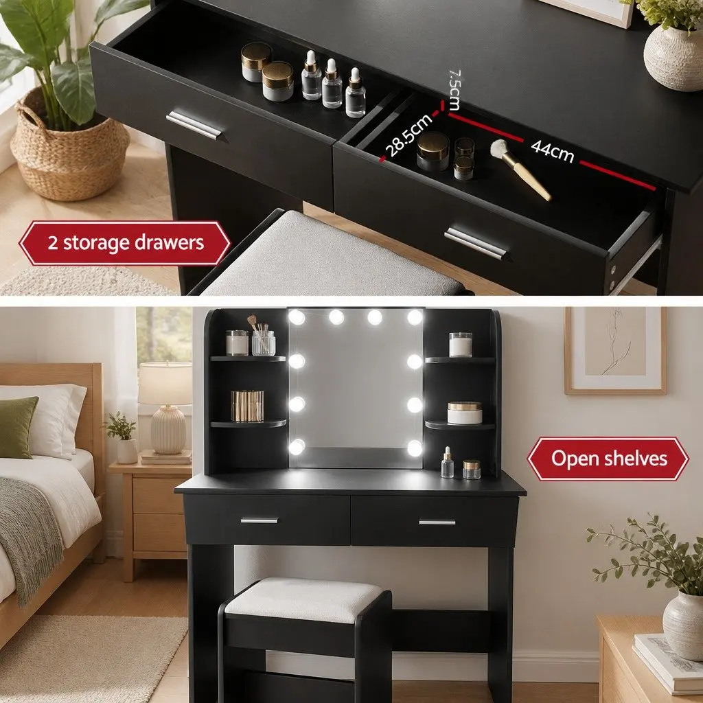 Dressing Table Set MDF Black Vanity with Hollywood Mirror and Stool 10 LED Bulbs