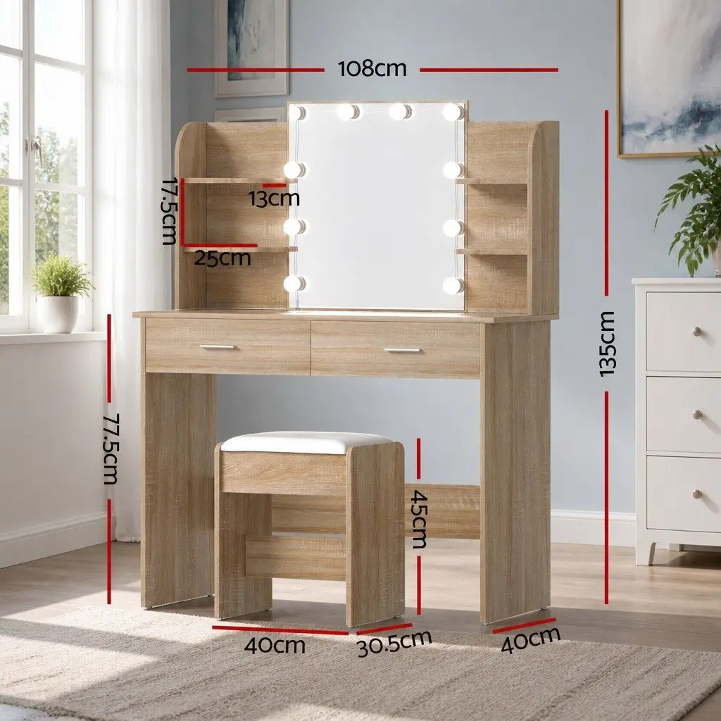 Dressing Table Set MDF with LED Bulbs Natural Wood Colour Vanity Mirror Makeup Desk with Stool