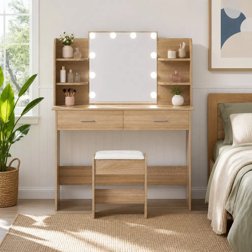 Dressing Table Set MDF with LED Bulbs Natural Wood Colour Vanity Mirror Makeup Desk with Stool
