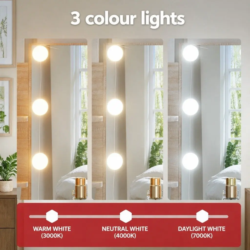 Dressing Table Set MDF with LED Bulbs Natural Wood Colour Vanity Mirror Makeup Desk with Stool