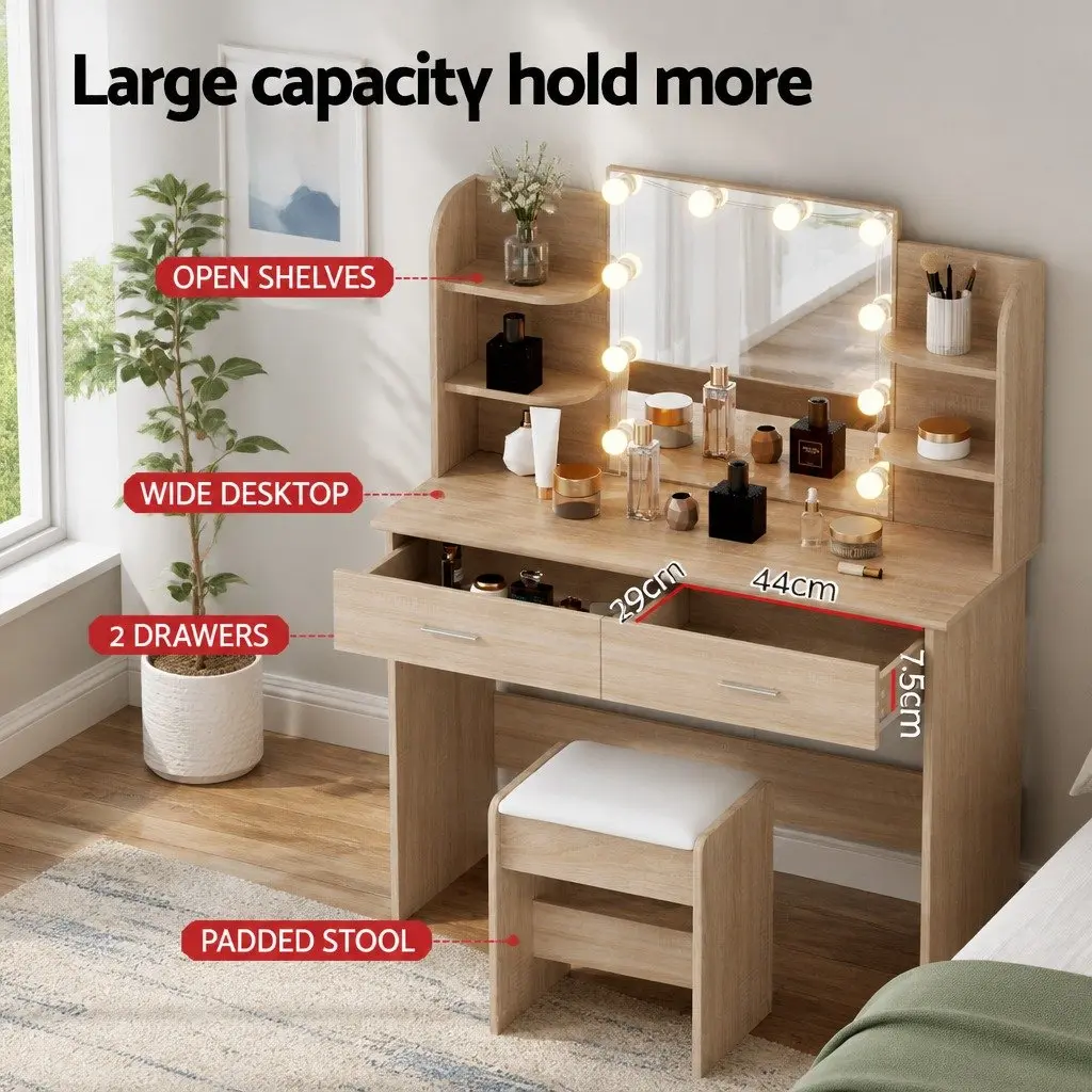 Dressing Table Set MDF with LED Bulbs Natural Wood Colour Vanity Mirror Makeup Desk with Stool