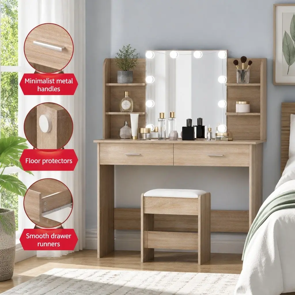 Dressing Table Set MDF with LED Bulbs Natural Wood Colour Vanity Mirror Makeup Desk with Stool