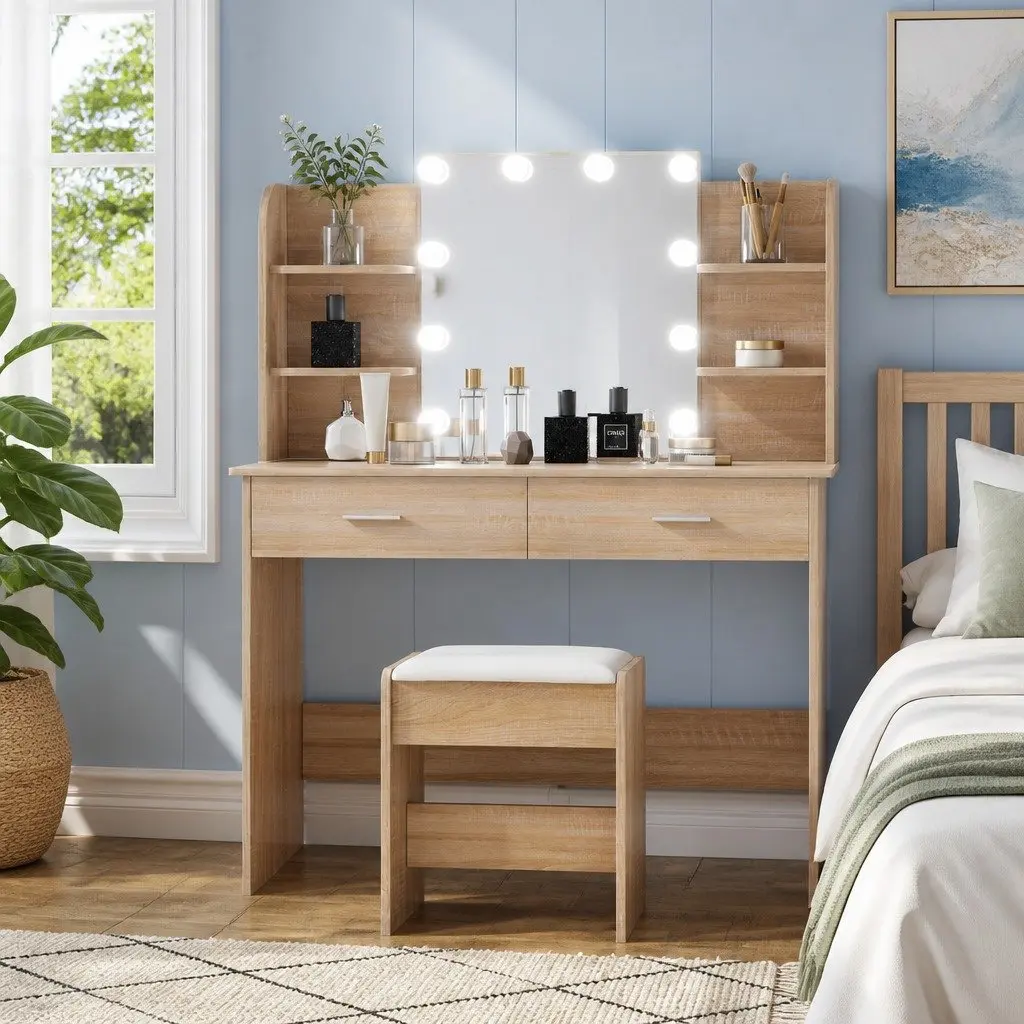Dressing Table Set MDF with LED Bulbs Natural Wood Colour Vanity Mirror Makeup Desk with Stool