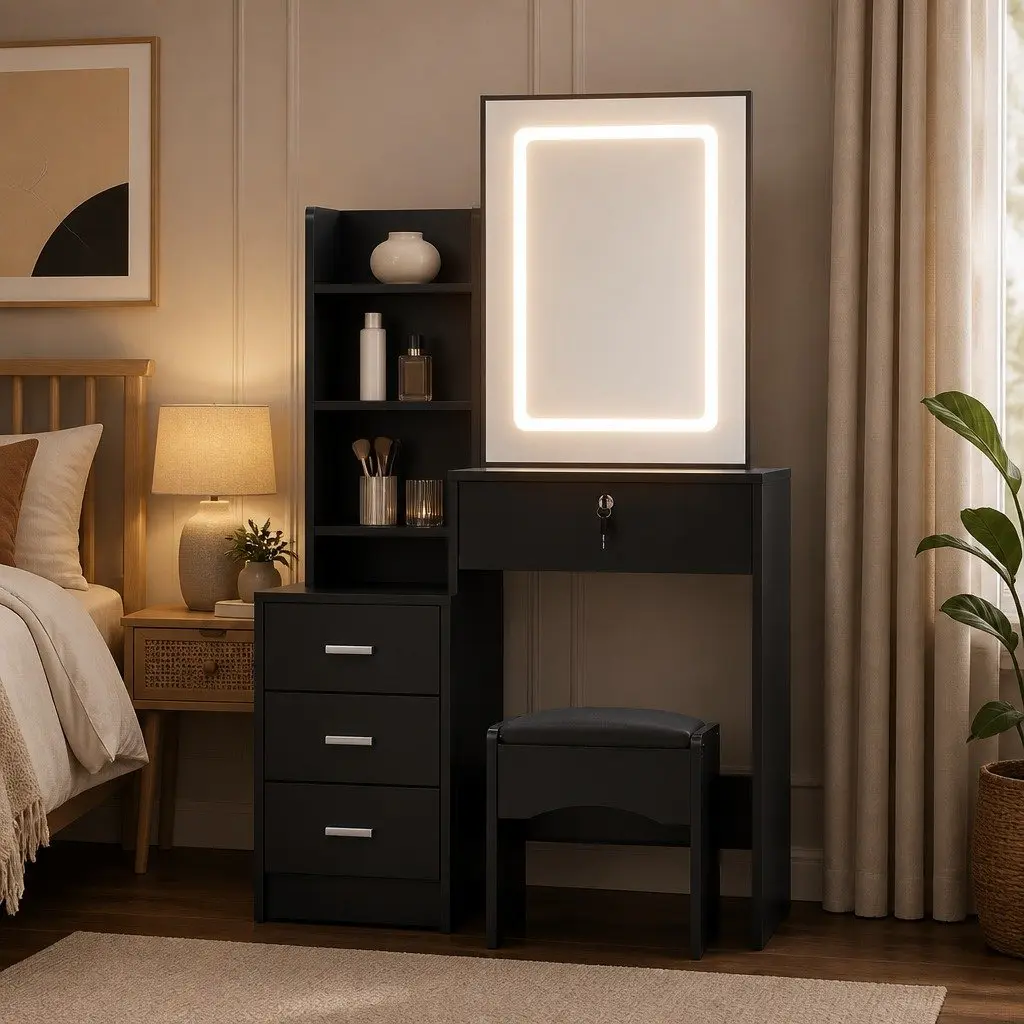 Dressing Table Vanity Desk MDF Black with LED Lights Mirror and Stool
