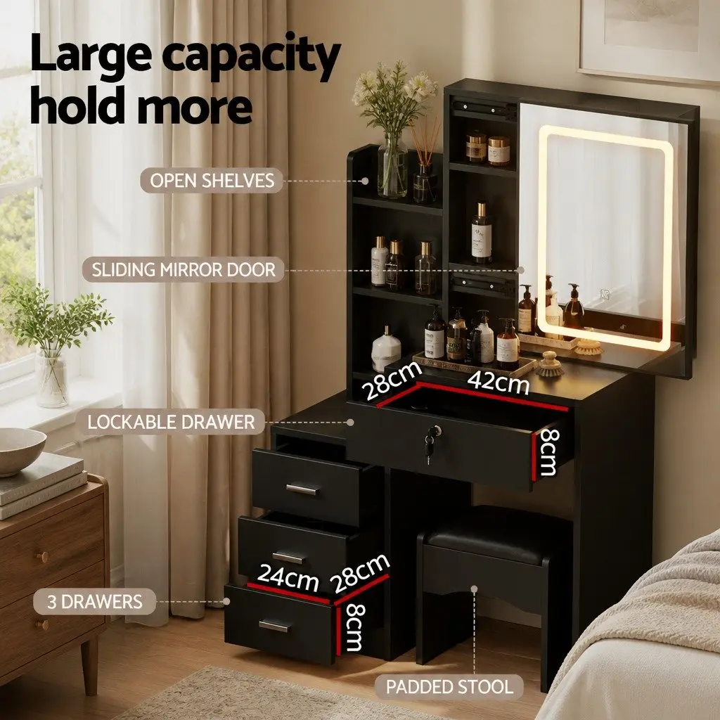 Dressing Table Vanity Desk MDF Black with LED Lights Mirror and Stool