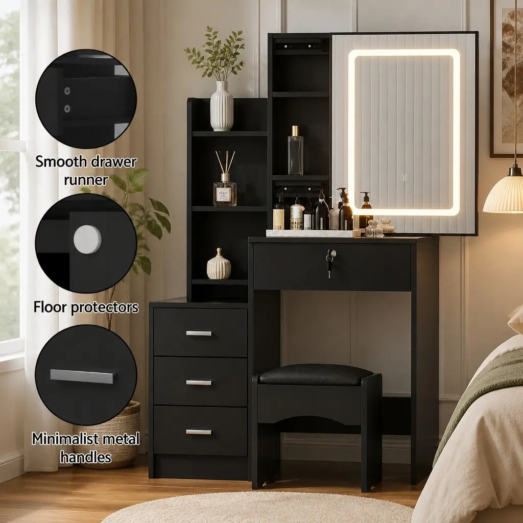 Dressing Table Vanity Desk MDF Black with LED Lights Mirror and Stool