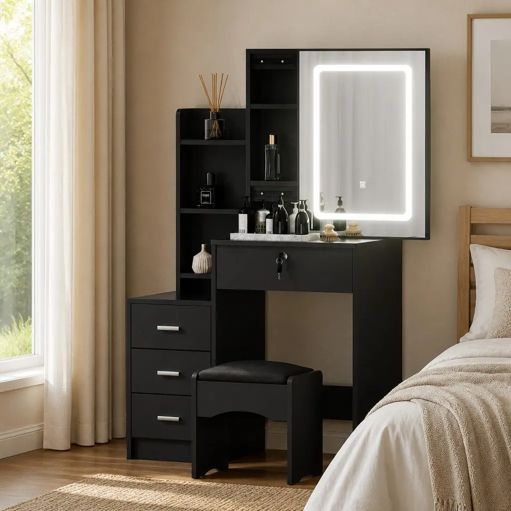 Dressing Table Vanity Desk MDF Black with LED Lights Mirror and Stool
