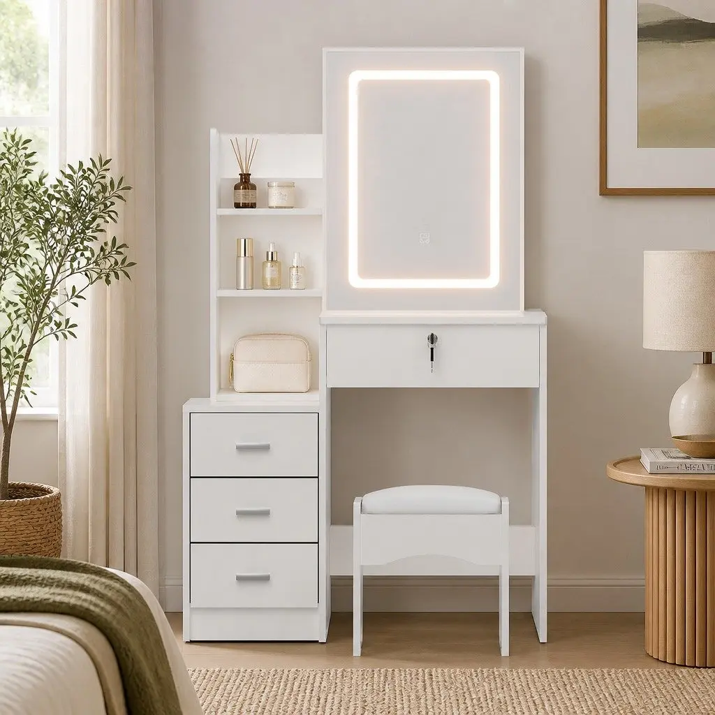 Dressing Table Vanity Desk Set White LED Lights Makeup Mirror with Stool