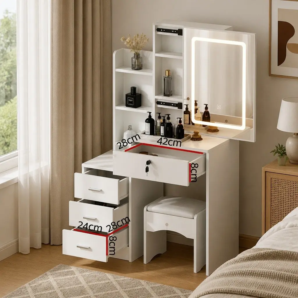 Dressing Table Vanity Desk Set White LED Lights Makeup Mirror with Stool
