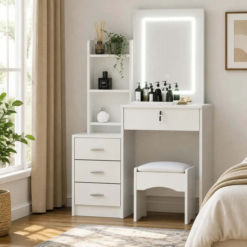 Dressing Table Vanity Desk Set White LED Lights Makeup Mirror with Stool