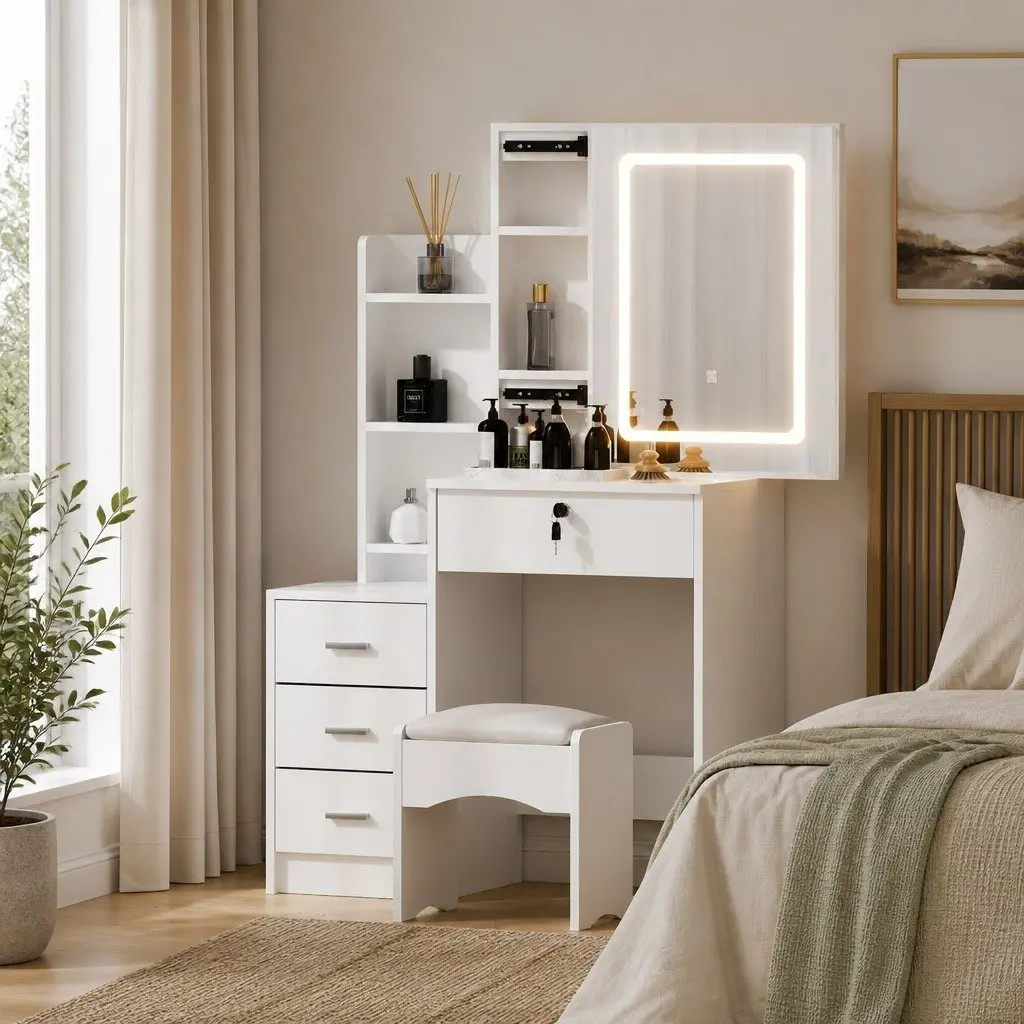 Dressing Table Vanity Desk Set White LED Lights Makeup Mirror with Stool