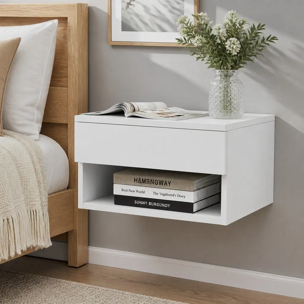 Floating Bedside Table White 40cm W x 31cm D x 23cm H with Drawer and Open Shelf Storage