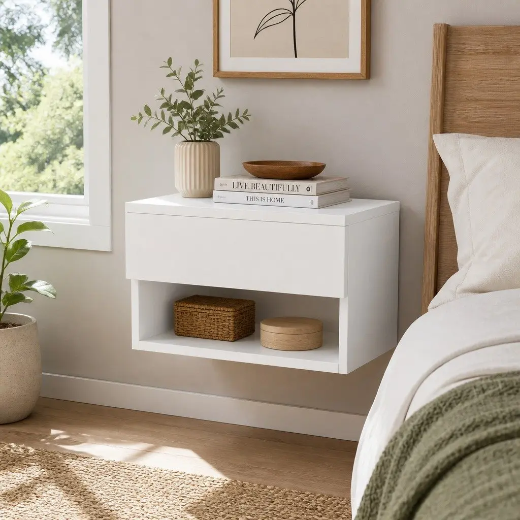 Floating Bedside Table White 40cm W x 31cm D x 23cm H with Drawer and Open Shelf Storage