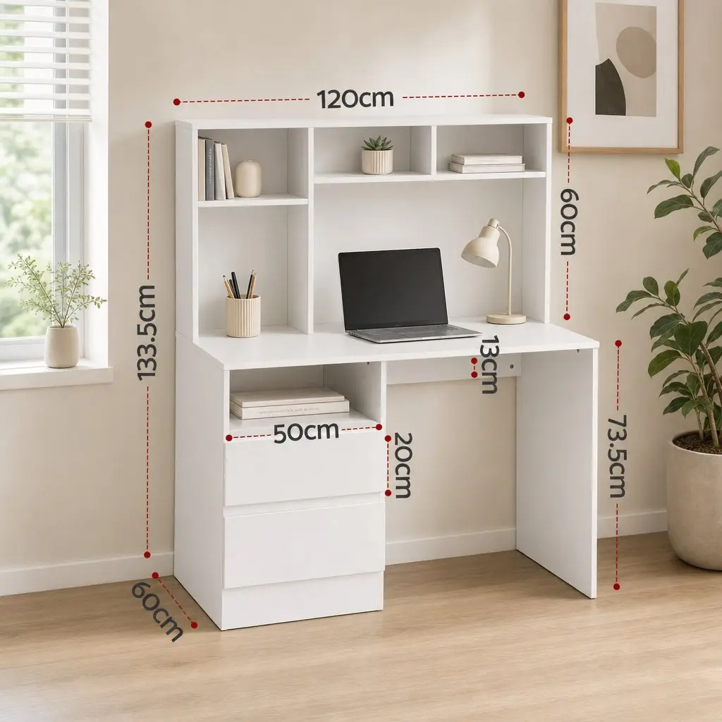 Computer Desk Particle Board 120cm White with Storage Shelves Drawer Cabinet
