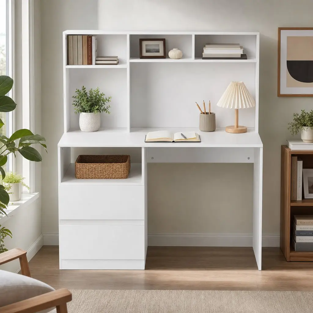 Computer Desk Particle Board 120cm White with Storage Shelves Drawer Cabinet
