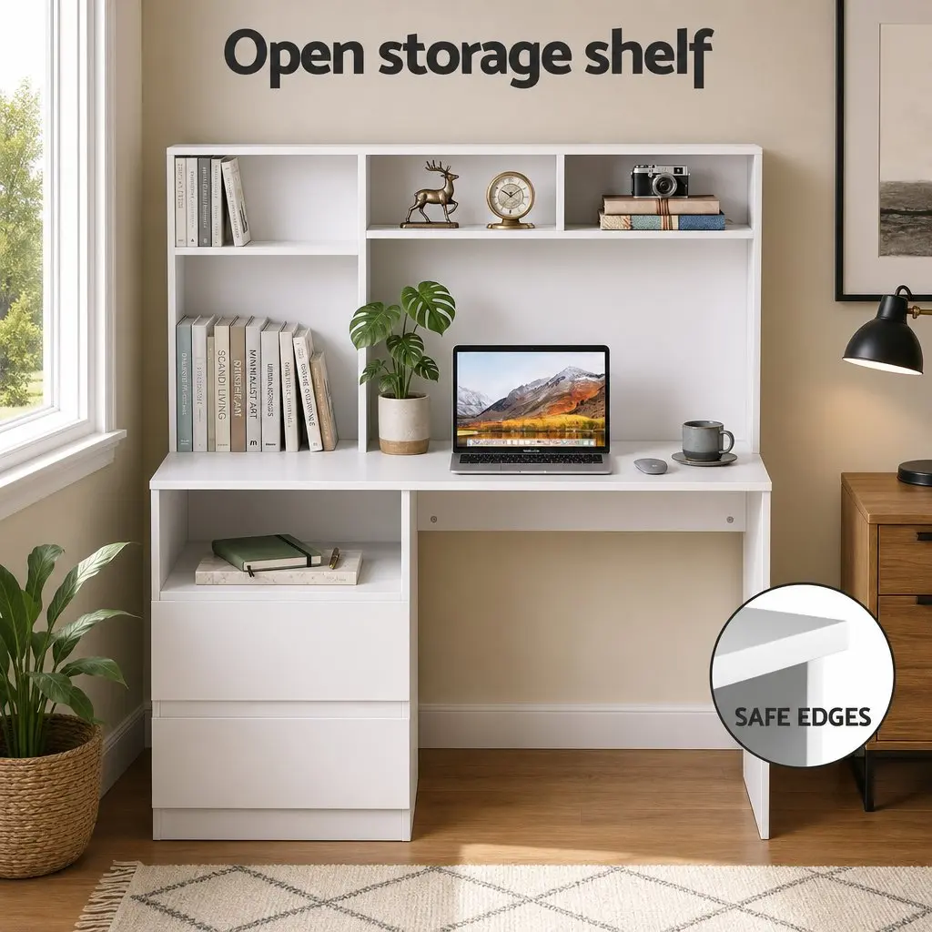 Computer Desk Particle Board 120cm White with Storage Shelves Drawer Cabinet