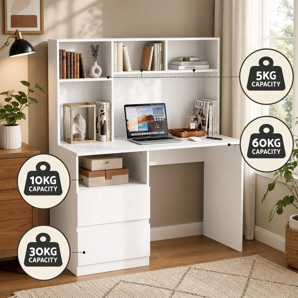 Computer Desk Particle Board 120cm White with Storage Shelves Drawer Cabinet