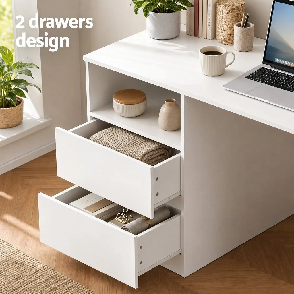 Computer Desk Particle Board 120cm White with Storage Shelves Drawer Cabinet