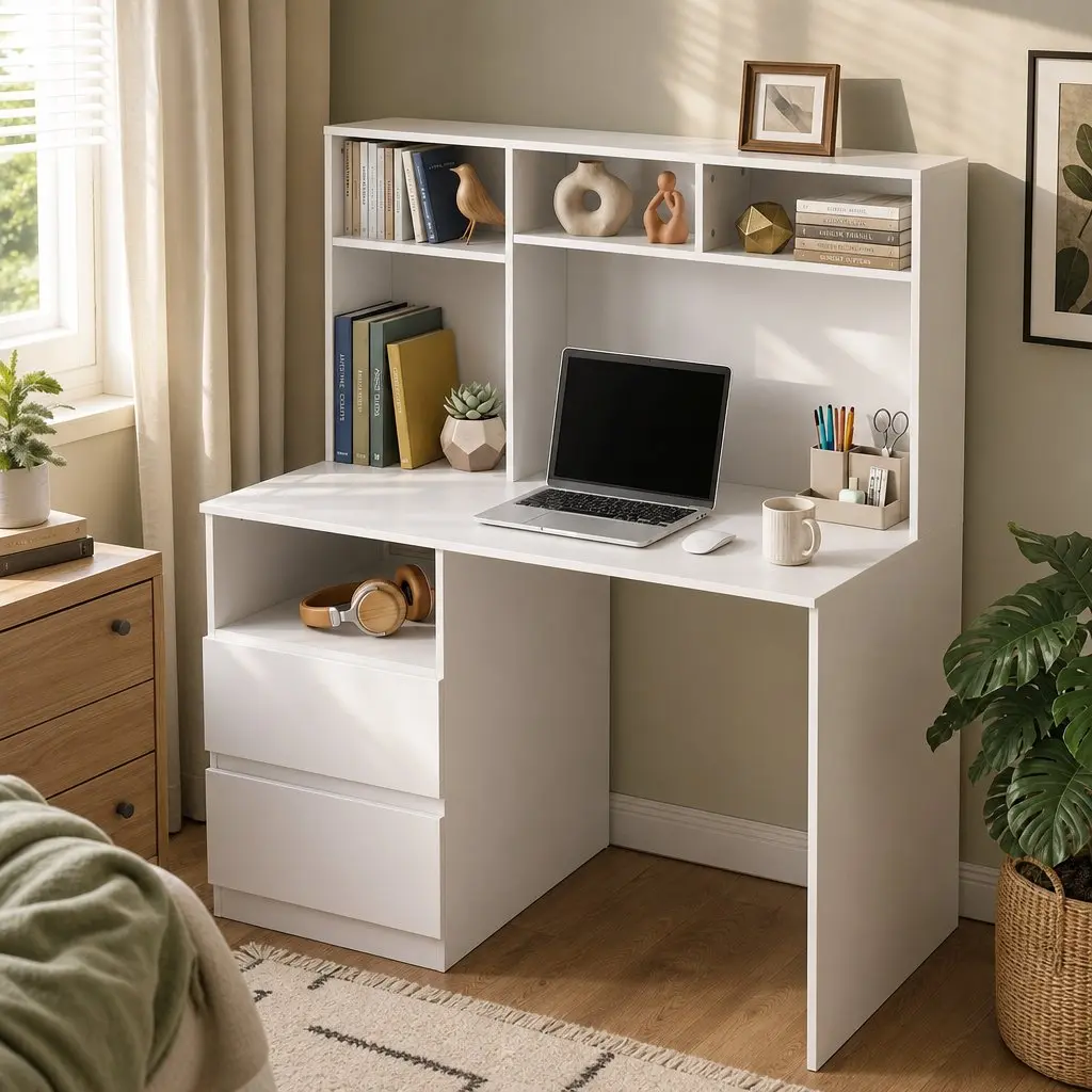 Computer Desk Particle Board 120cm White with Storage Shelves Drawer Cabinet