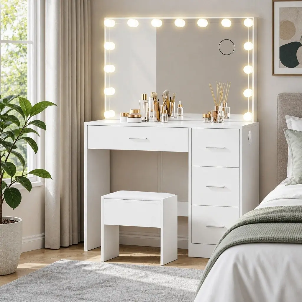 Dressing Table MDF with LED Mirror and Stool White 89cm x 40cm x 136cm