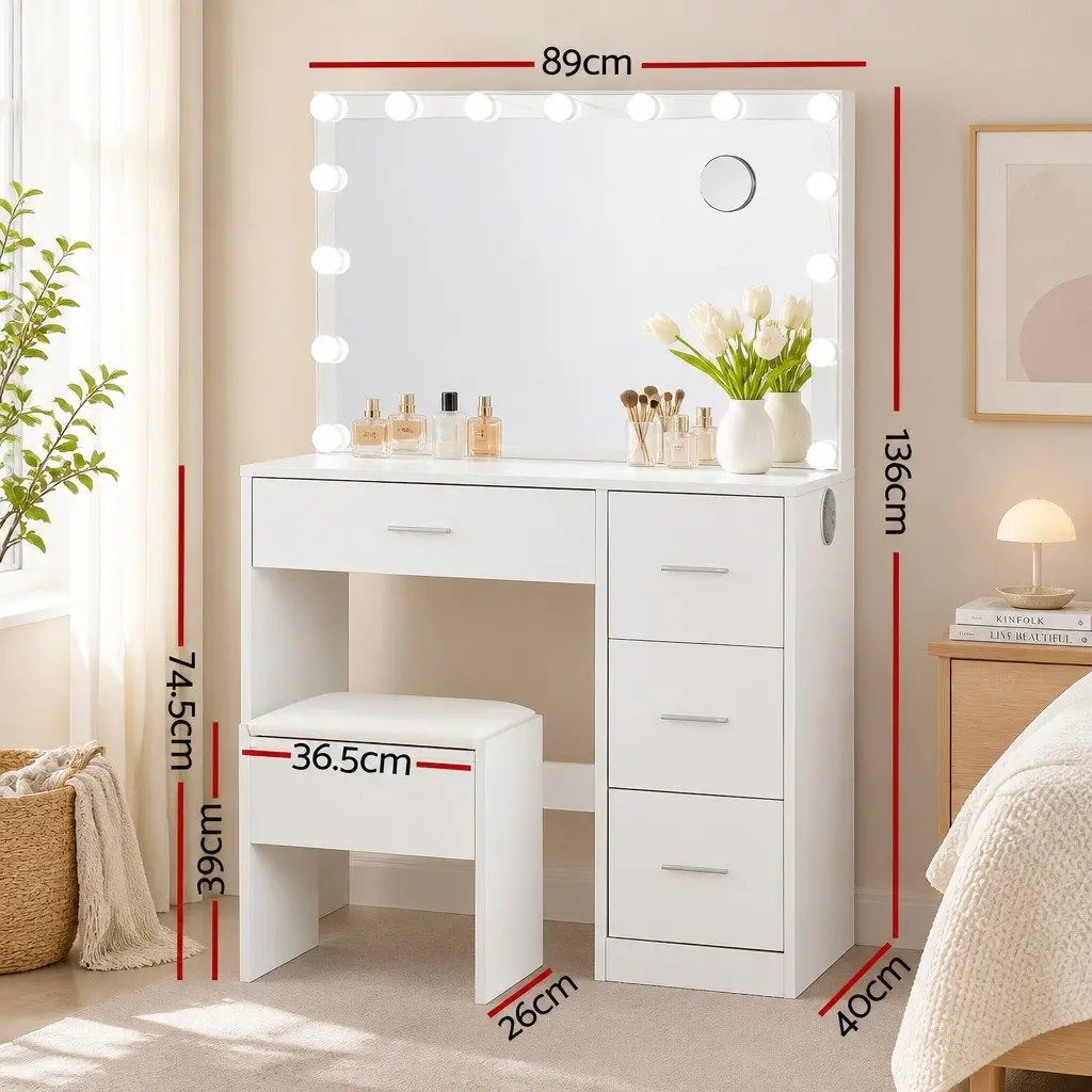 Dressing Table MDF with LED Mirror and Stool White 89cm x 40cm x 136cm