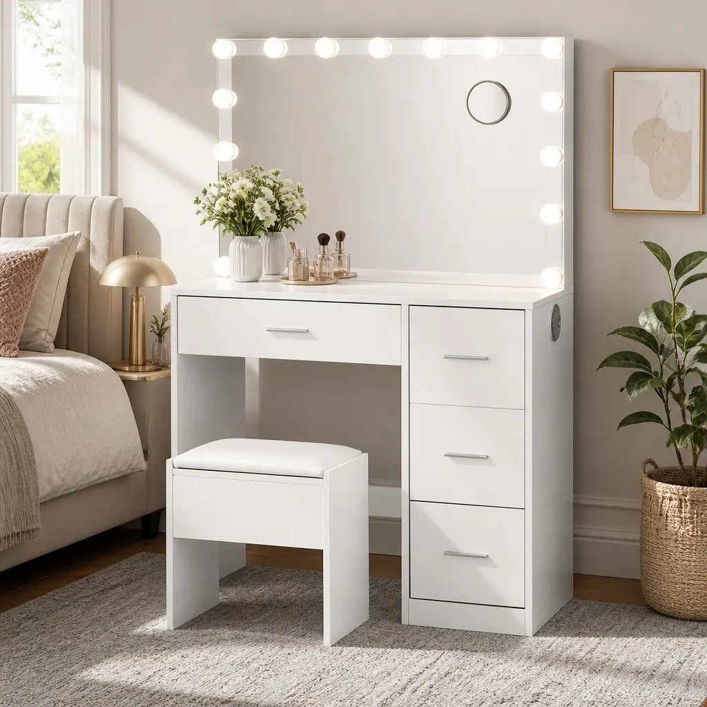 Dressing Table MDF with LED Mirror and Stool White 89cm x 40cm x 136cm