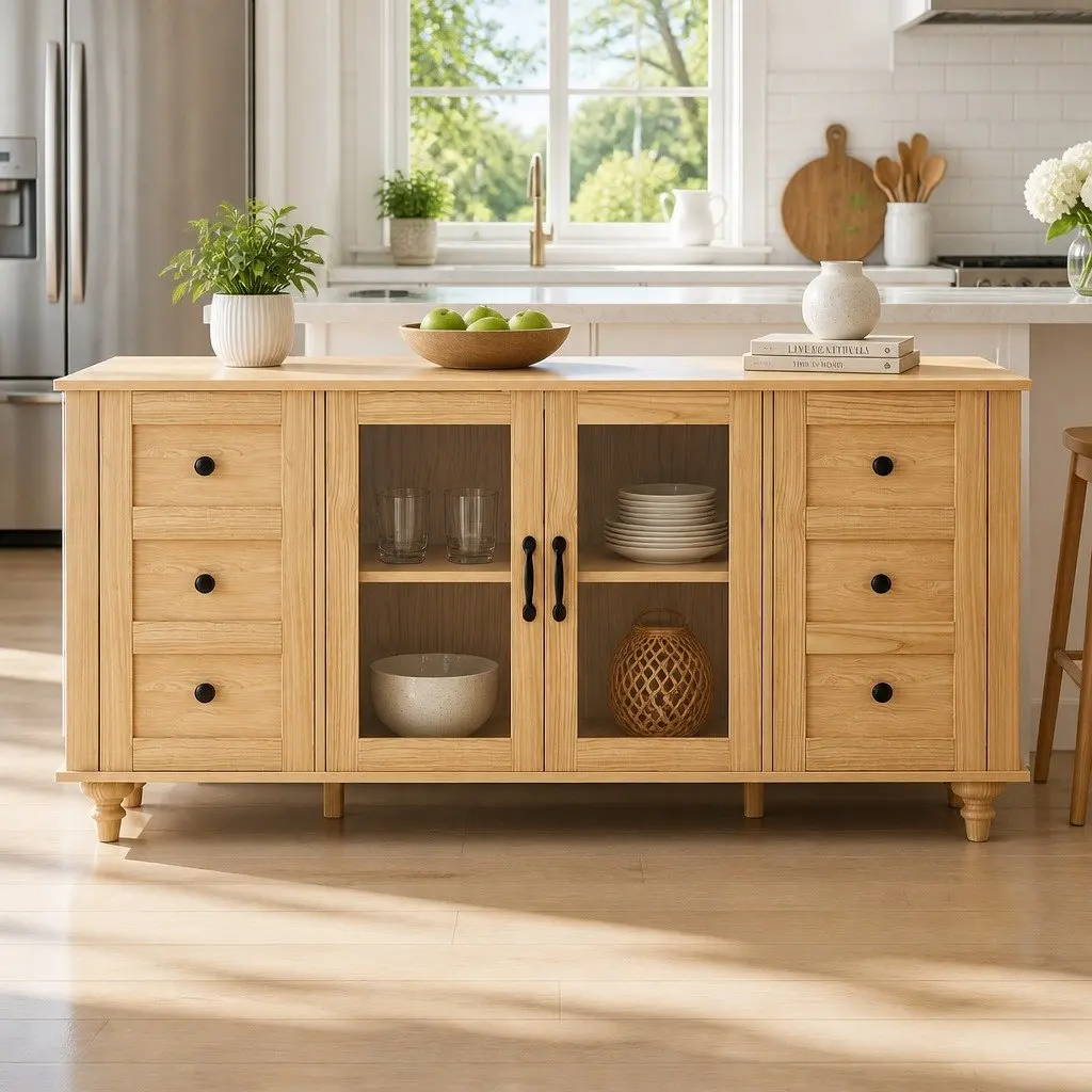Buffet Sideboard Storage Cabinet Particle Board MDF Tempered Glass 150CM Pine