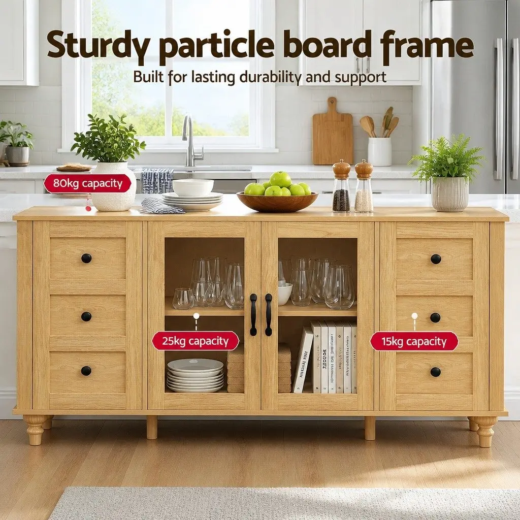 Buffet Sideboard Storage Cabinet Particle Board MDF Tempered Glass 150CM Pine