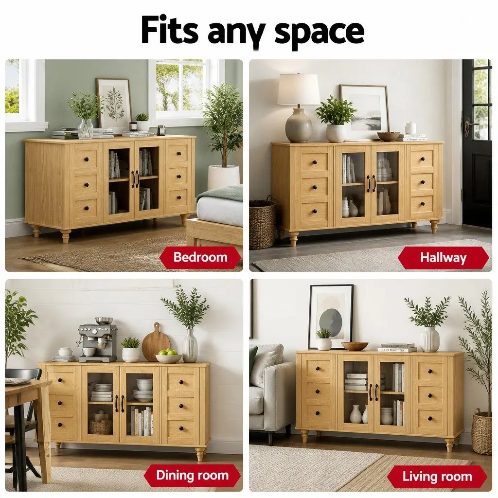 Buffet Sideboard Storage Cabinet Particle Board MDF Tempered Glass 150CM Pine