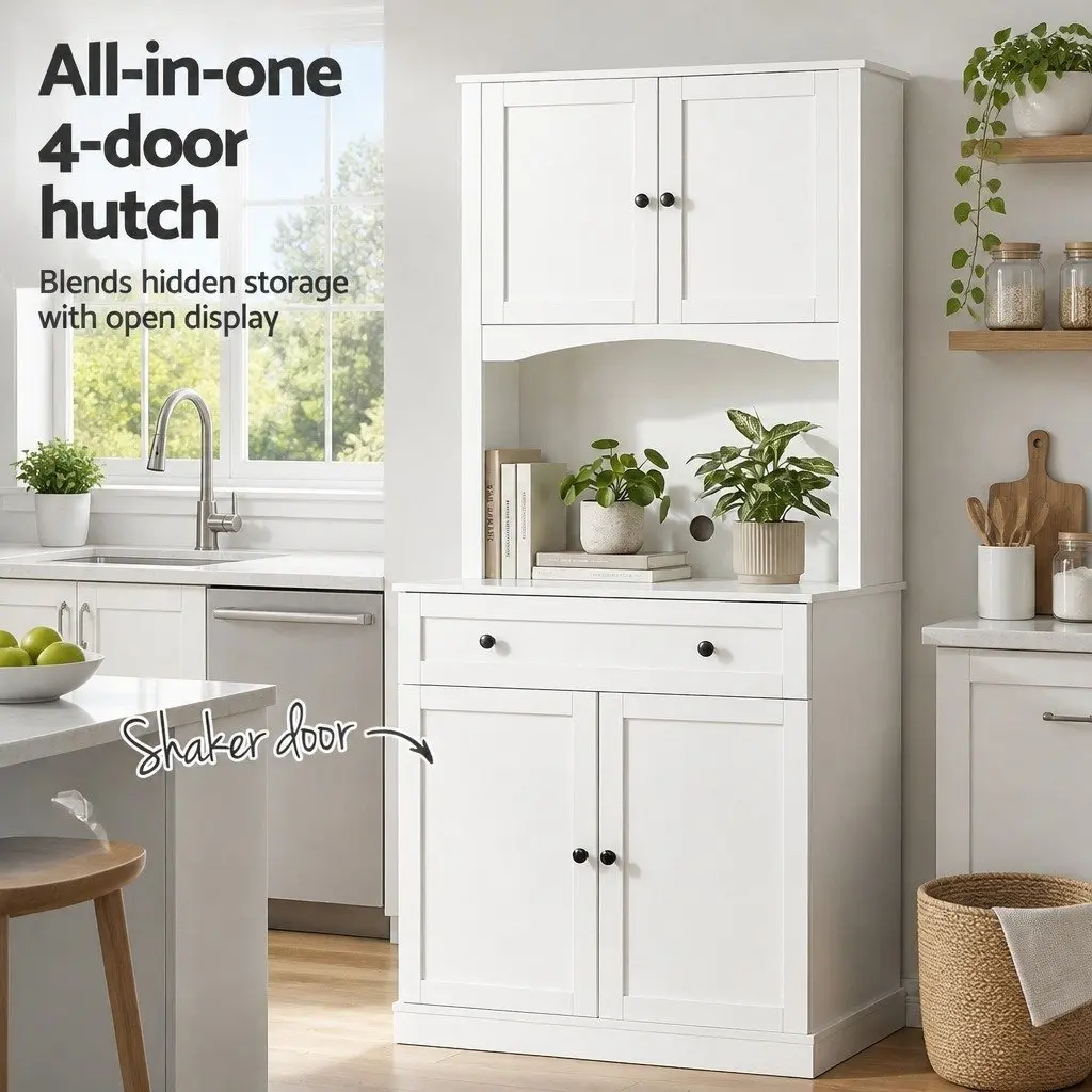 Buffet Sideboard Pantry Cabinet Storage Particleboard MDF Metal 180cm High White Set of 2