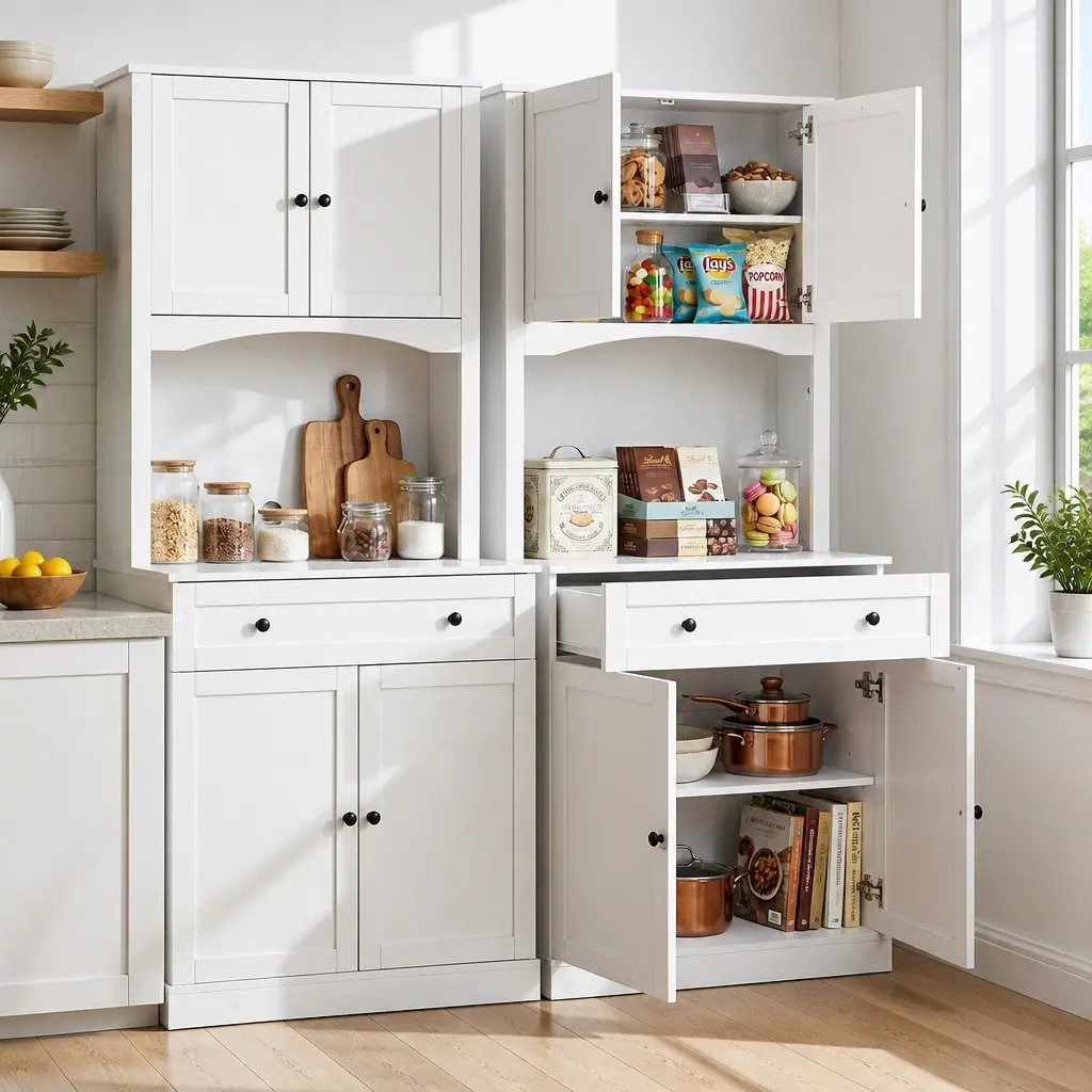Buffet Sideboard Pantry Cabinet Storage Particleboard MDF Metal 180cm High White Set of 2