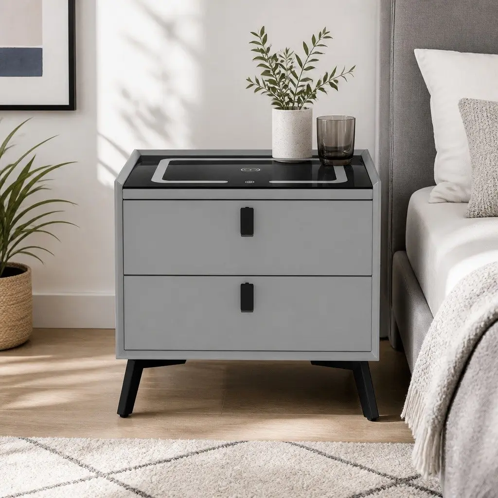 Bedside Table MDF and Metal 50cm x 40cm x 44cm Grey with Wireless Charging Bluetooth Speaker and USB Ports