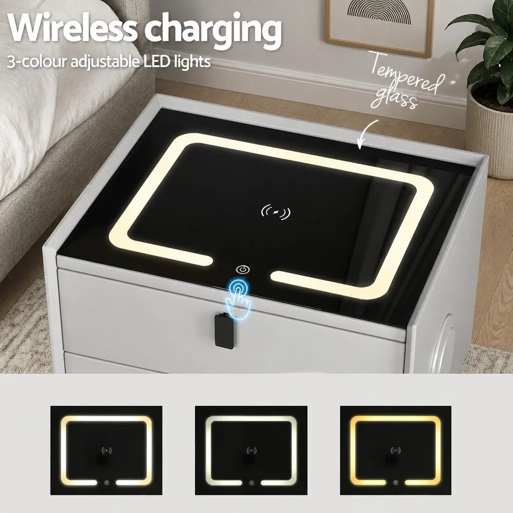 Bedside Table MDF and Metal 50cm x 40cm x 44cm Grey with Wireless Charging Bluetooth Speaker and USB Ports