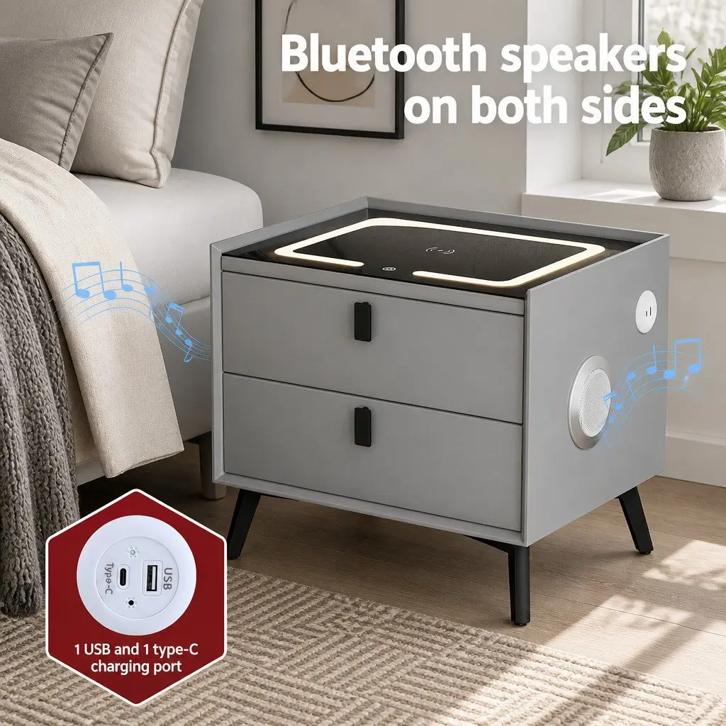 Bedside Table MDF and Metal 50cm x 40cm x 44cm Grey with Wireless Charging Bluetooth Speaker and USB Ports