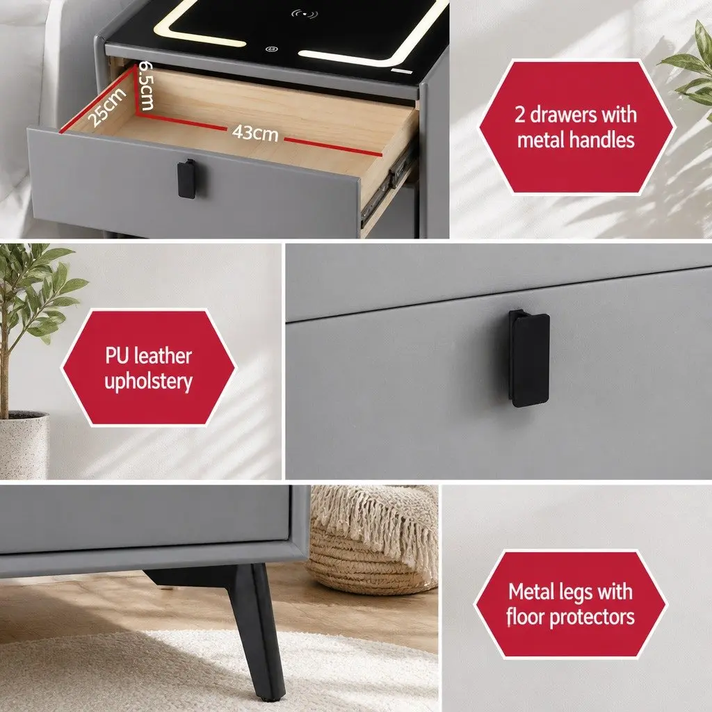 Bedside Table MDF and Metal 50cm x 40cm x 44cm Grey with Wireless Charging Bluetooth Speaker and USB Ports