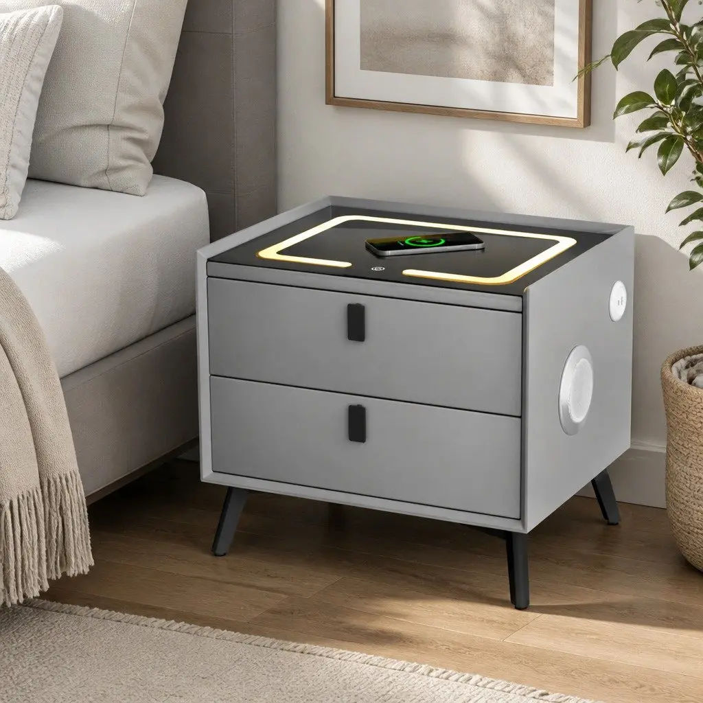 Bedside Table MDF and Metal 50cm x 40cm x 44cm Grey with Wireless Charging Bluetooth Speaker and USB Ports