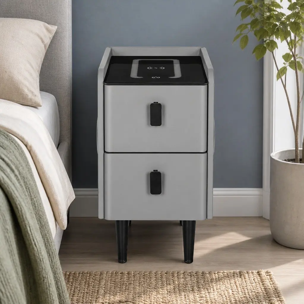 Smart Bedside Table 2 Drawers Wireless Charging LED Bluetooth Speaker Grey