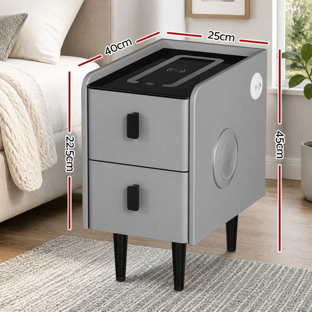Smart Bedside Table 2 Drawers Wireless Charging LED Bluetooth Speaker Grey