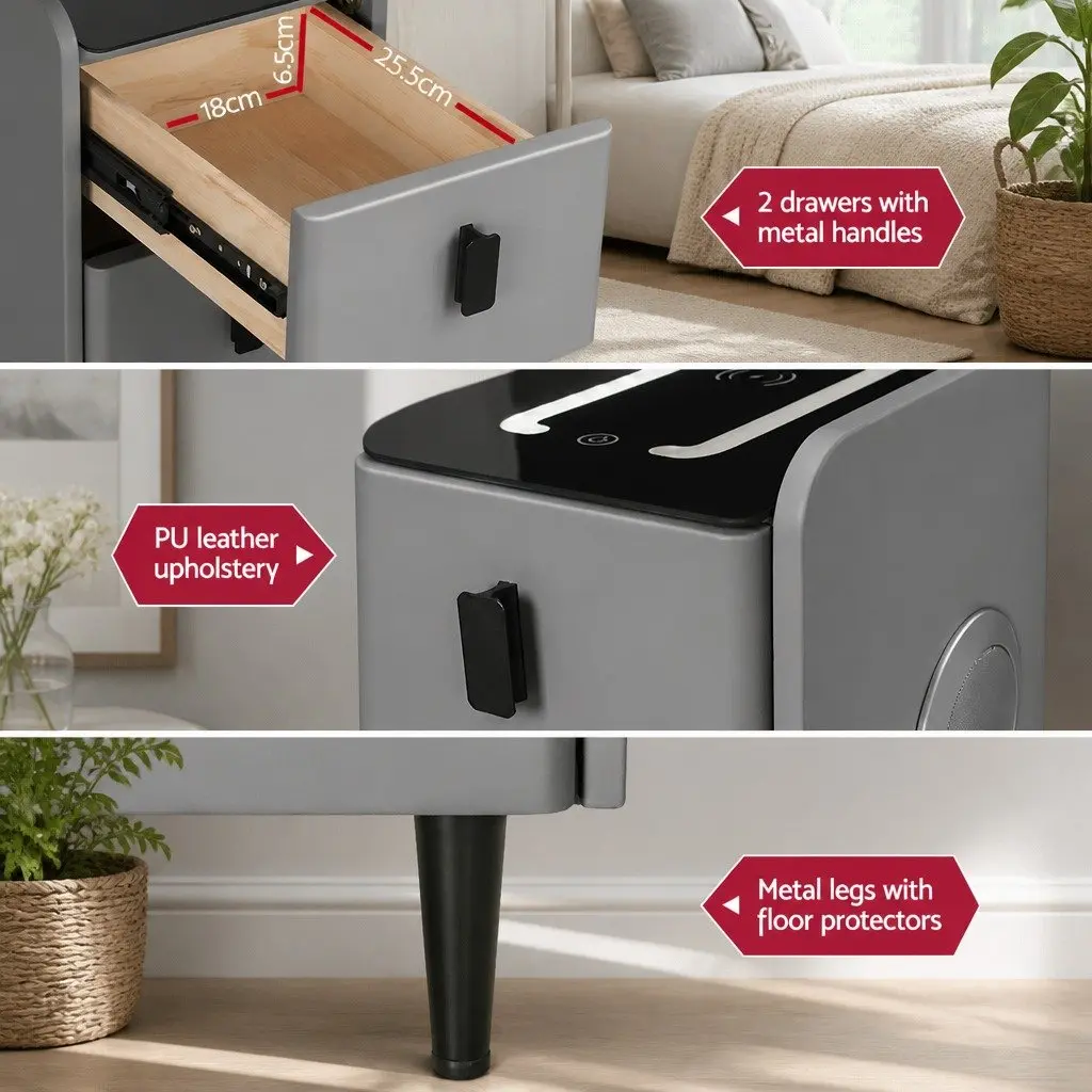 Smart Bedside Table 2 Drawers Wireless Charging LED Bluetooth Speaker Grey